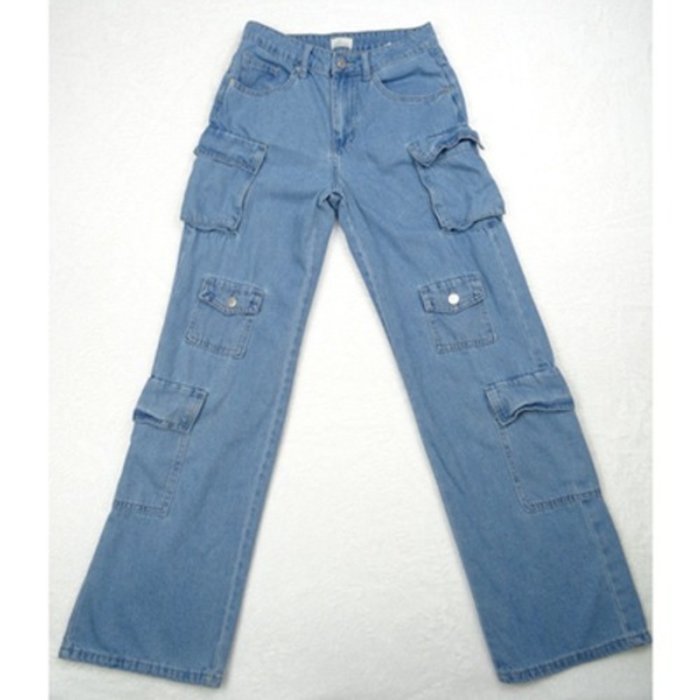 Simple Society Jeans Womens Size 1 / 25 Blue Denim‎ Cargo Pockets Mid Rise Baggy